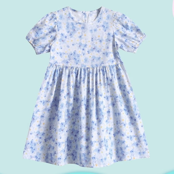 Amidoa Girls Summer Dresses Puff Sleeve Short Sleeve A-Line Dresses Casual Kids Print Cotton Sundress Blue Size 14