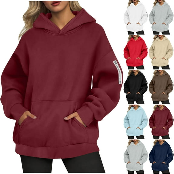 Sweatshirts for Women, Women's Casual Loose Solid Color Zipper Pocket Long Sleeved Hooded Sweatshirt Top, Wine S