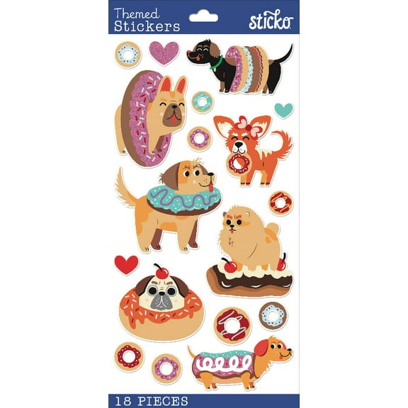 Sticko Solid Multicolor Dogs And Donuts Themed Paper Stickers, 18 Pieces