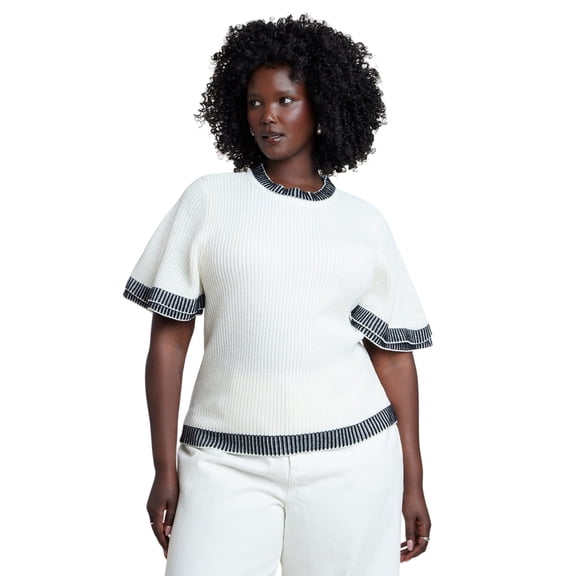 ELOQUII Women's Plus Size Stripe Detail Short Sleeve Sweater
