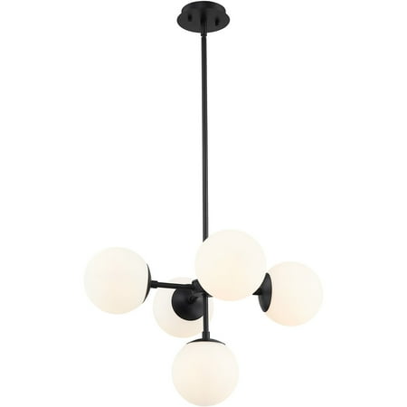

Matte Black Tone Finish Pendants 22 Wide Matte Opal Glass Shade Steel Material Candelabra 5 Light Fixture