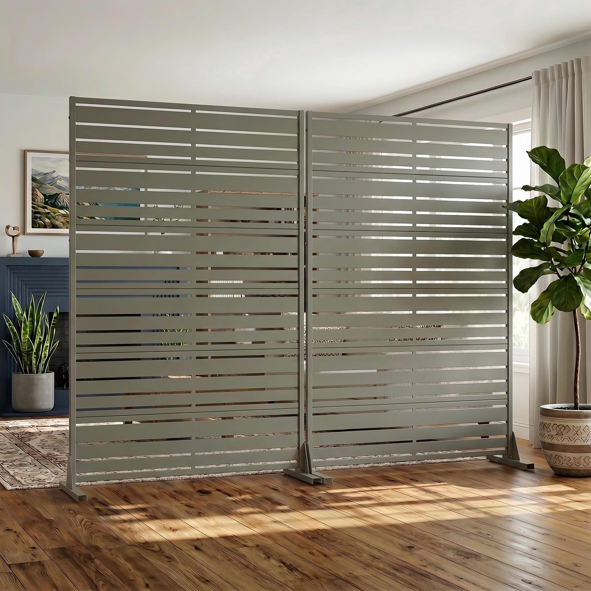 MAYEERTY Outdoor Gray Olive Privacy Fence Panel, 72"x47" Metal Louvered Screen with Wide-1 Narrow-2 Slats, Freestanding for Backyard Balcony