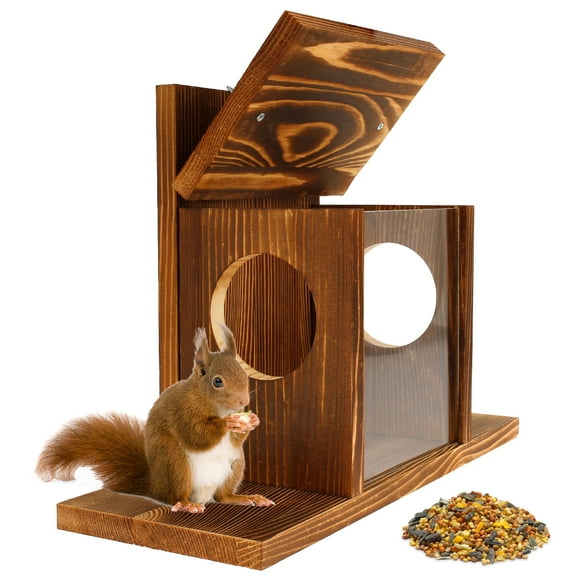 Keyohome Squirrel Feeder with Recess Design Wood Squirrel Feeder House with Extended Bottom Plate Easy to Open Squirrel Feeding House