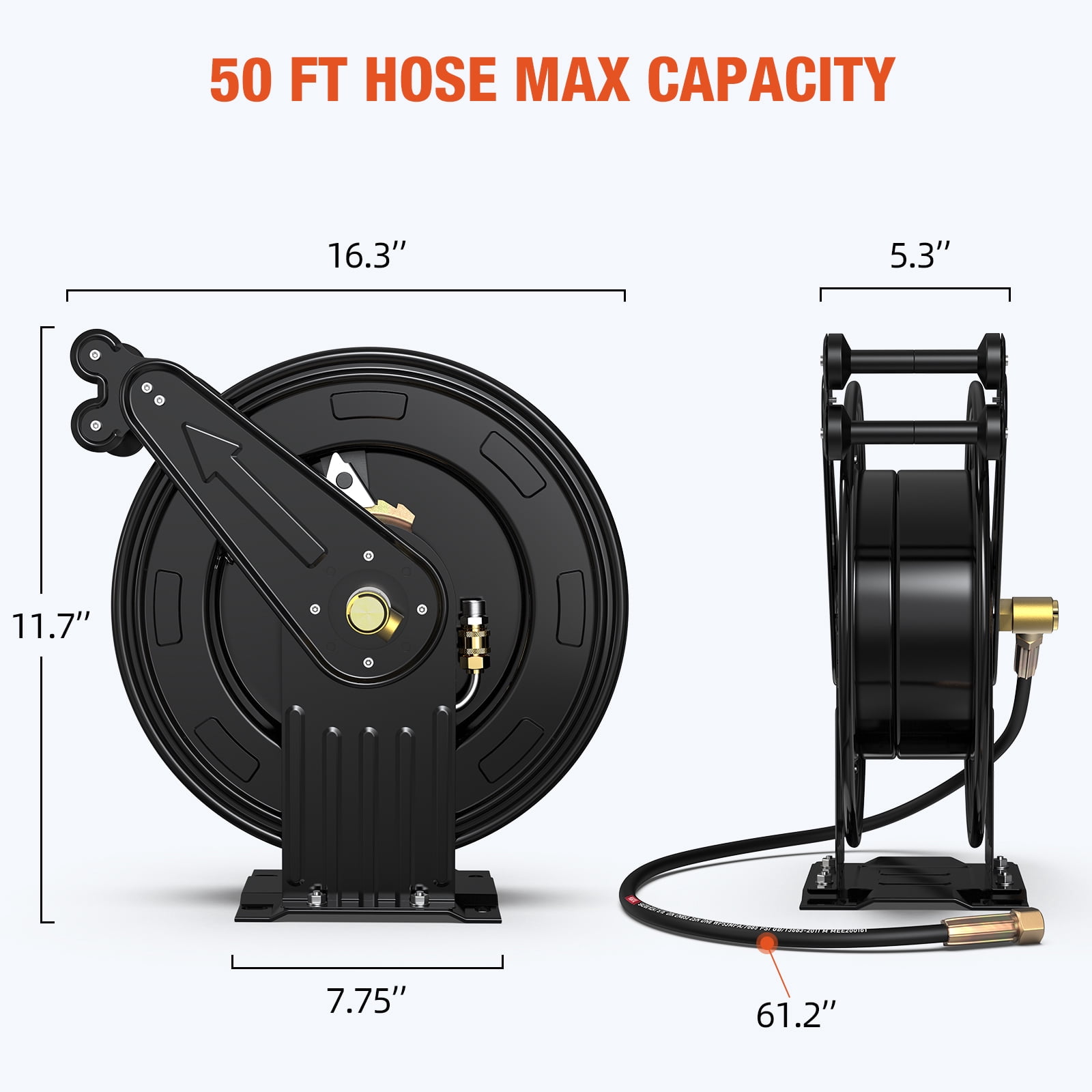 Xutumm Pressure Washer Reel, 3/8" x 50 FT Retractable Power Washer Hose Reel with 5 ft Lead, Dual Arm Heavy Duty Steel, for Air/Oil/Water