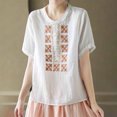 thumbnail image 2 of Dazajoo Summer Short Sleeve Tops for Women 2025 Casual Floral Embroidered Linen Shirt Round Neck Loose Blouses,White,L, 2 of 7