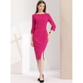 thumbnail image 2 of Vestido de tubo dividido elegante con cuello barco y mangas 3/4 para mujer Fushcia L, 2 of 6