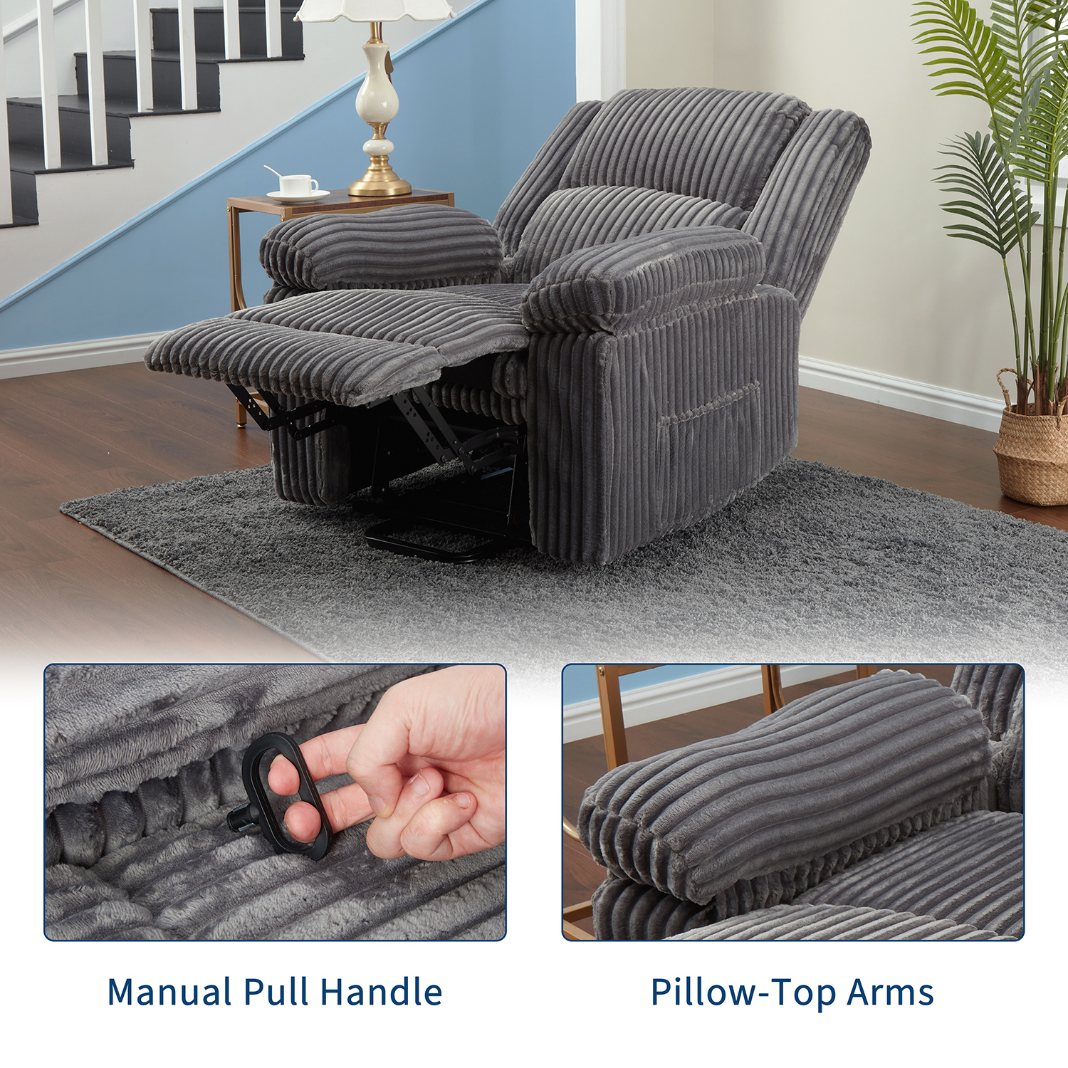 Tzou Adult Polyester Living Room Stain Resistant Recliners with Arm Pads, Gray