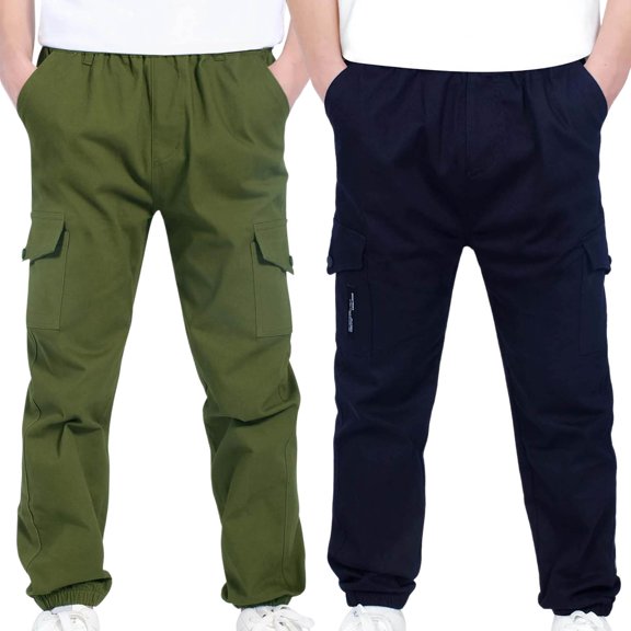 ATOGUTA Boys Cargo Pants with Pockets Elastic Waist School Casual Joggers Trousers 2-Pack Size 4T-13, Navy