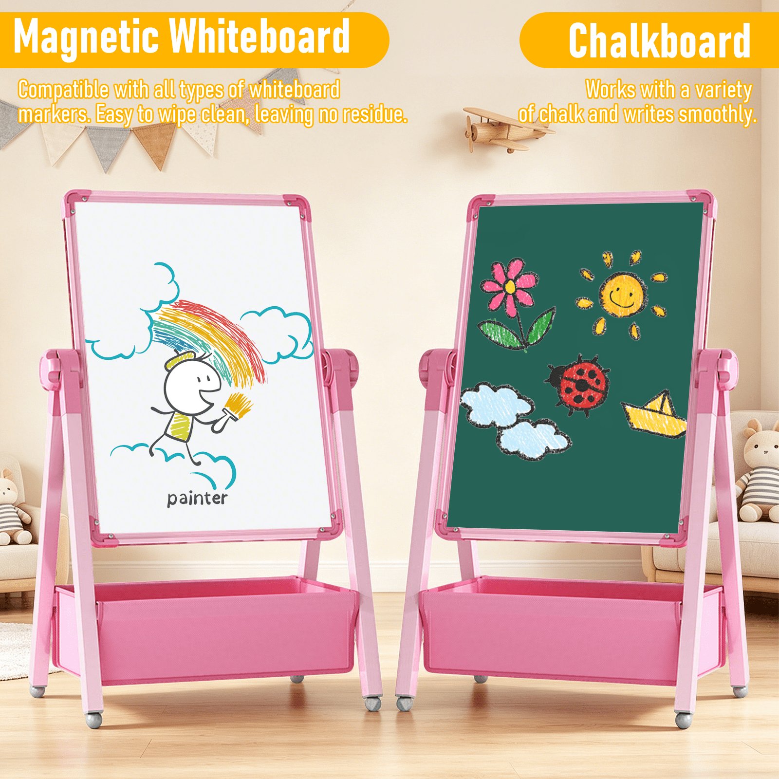 Art Easel for Kids, Double Sided Magnetic Kids Easel, Adjustable 360°Rotating Whiteboard & Chalkboard for Boys and Girls, Pink