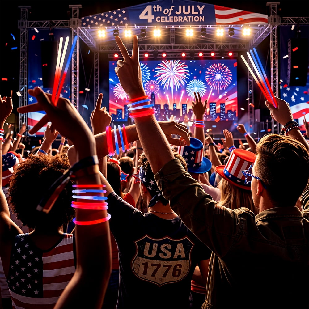 Joyfy 72 Pcs 4th of July Glow Sticks Bulk with Connectors, Red White Blue 3 Colors in 1 Glitter Sticks for Kids and Adults to Make Bracelets and Necklaces, Party Favor Supplies For Independence Day
