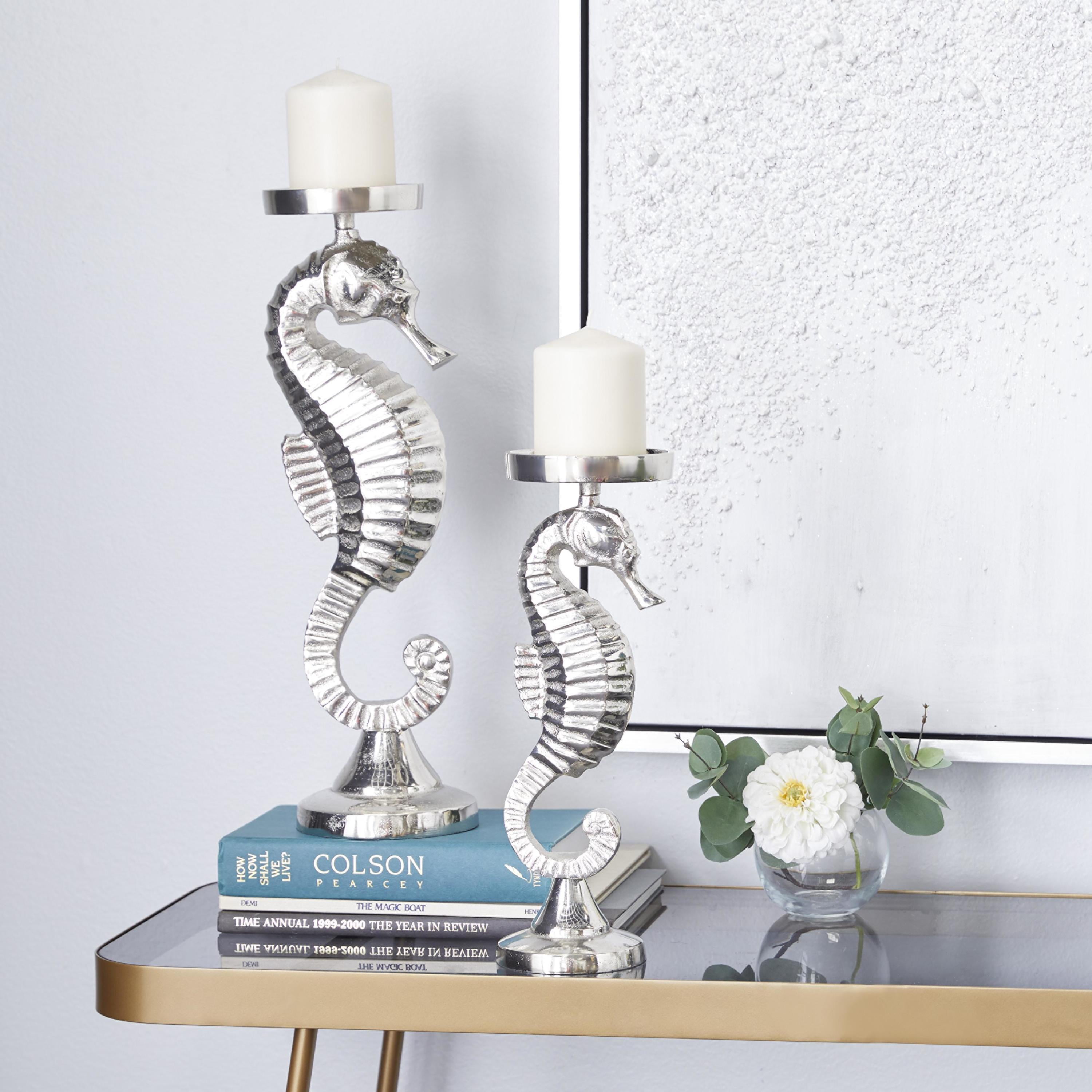 DecMode 2 Candle Silver Aluminum Metal Candle Holder, Set of 2