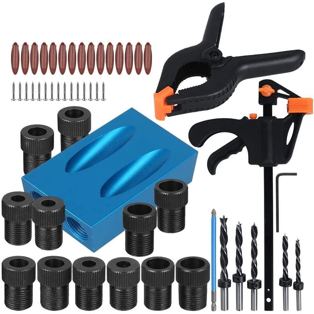 Plantilla de perforación oblicua de 57 piezas, guía de perforación para madera, juego de plantillas para agujeros de bolsillo, guía de perforación con adaptador de puntas de broca de 15° para