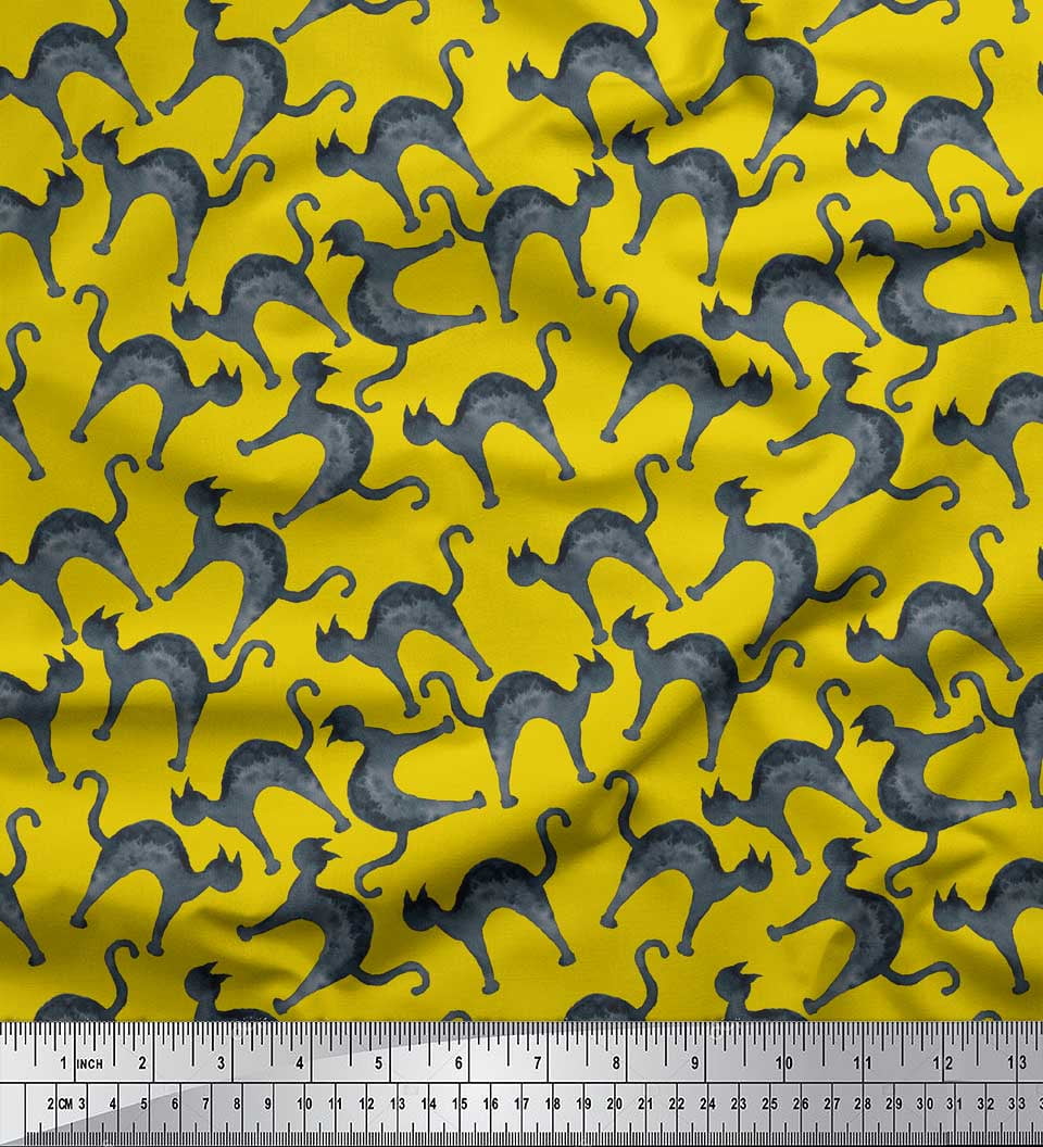 Soimoi Yellow polyester Crepe Fabric Cat Animal Print Fabric by the ...