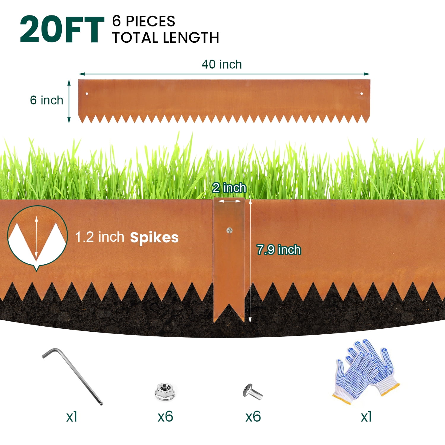 20FT Silver Edging for Landscaping Metal Corten Steel Garden Divider Flower Bed Fence DIY Landscape Strips Bendable Stakes Edge for Pathway Lawn Grass Plant Yard Outdoor Hammer-in, 6"