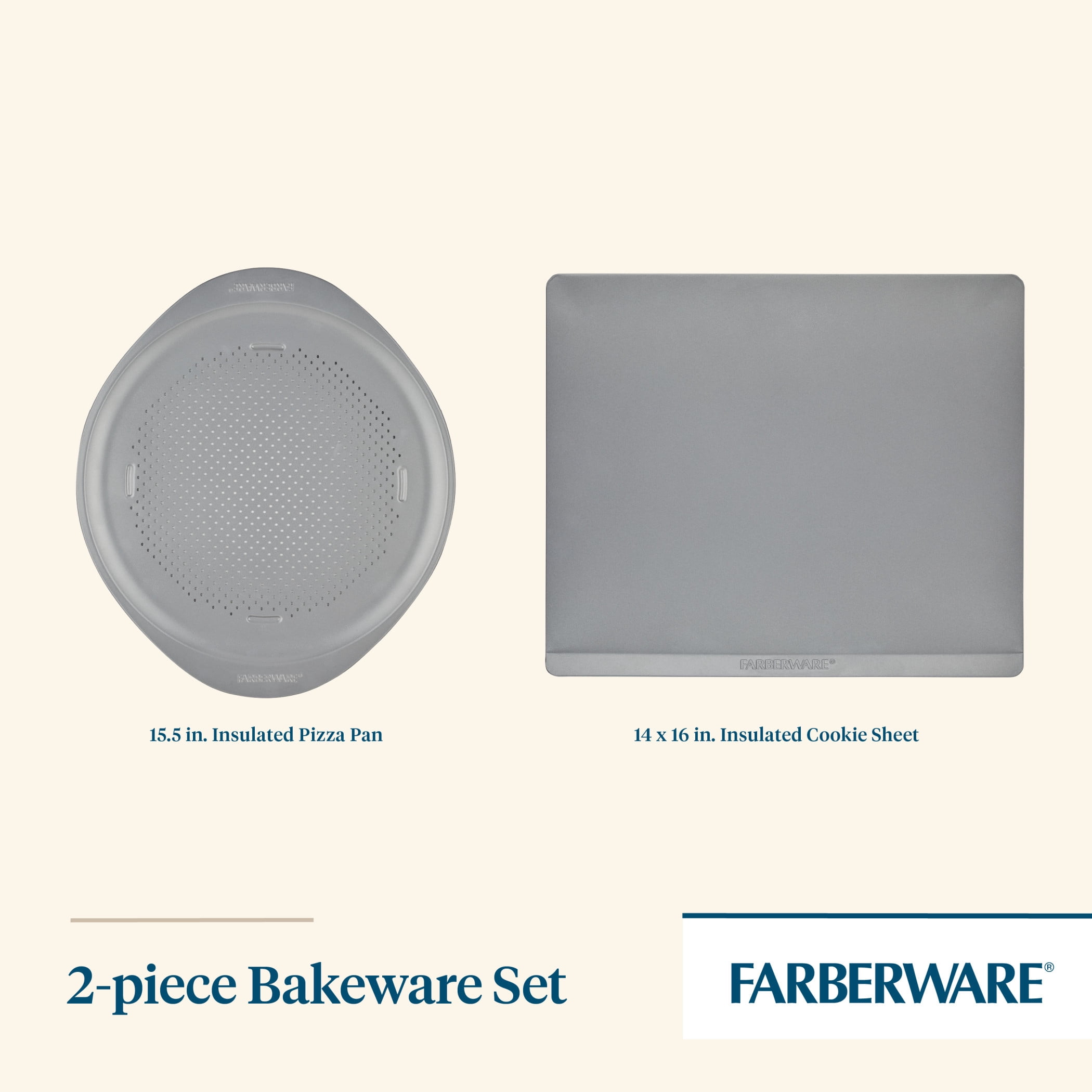 Farberware GOLDEN BAKE 2 Pcs Nonstick Baking Sheet and Pizza Pan Set, Dishwasher Safe and Oven Safe to 450°F, Gray
