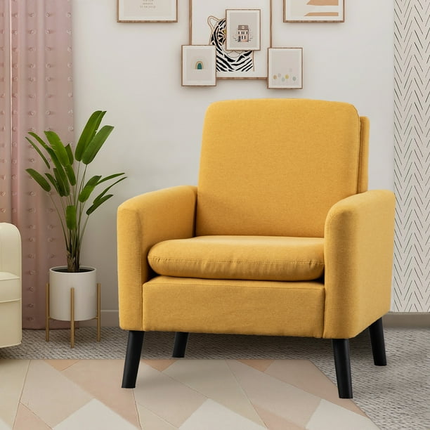 Yellow Fabric Upholstered Accent Arm Chair With Solid Wood Legs, Set of ...