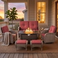 thumbnail image 2 of Patiobula Patio Furniture Set with Propane Fire Pit Table, 7 Pieces Outdoor Sectional Couch, Gray Wicker Rattan Conversation Loveseat Glider with Swivel Chair Ottomans for Backyard Deck, Red, 2 of 15