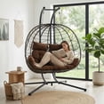 thumbnail image 2 of Double Hanging Egg Chair with Stand, Patio Hammock Swing Chair for 2 Persons, Loveseat with Cushions & Headrest Pillows, Indoor Outdoor for Balcony, Garden, Bedroom, Brown, 2 of 8