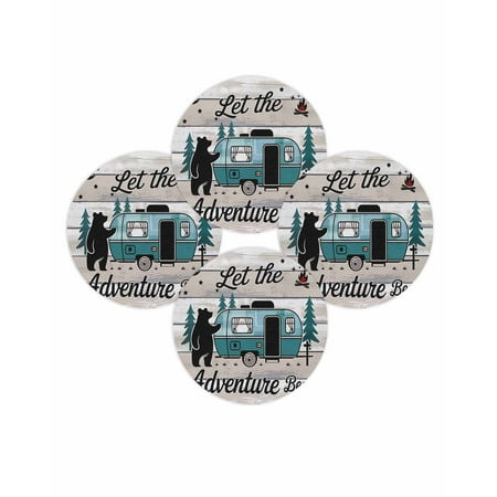 Round Placemats Set of 4 Camper Van Bear Place Mats Washable Woven Placemat Let The Adventure Begin Wood Grain Moon Circle Braided Table Mat for Kitchen Dining Table Party Home Decor 15 Inch