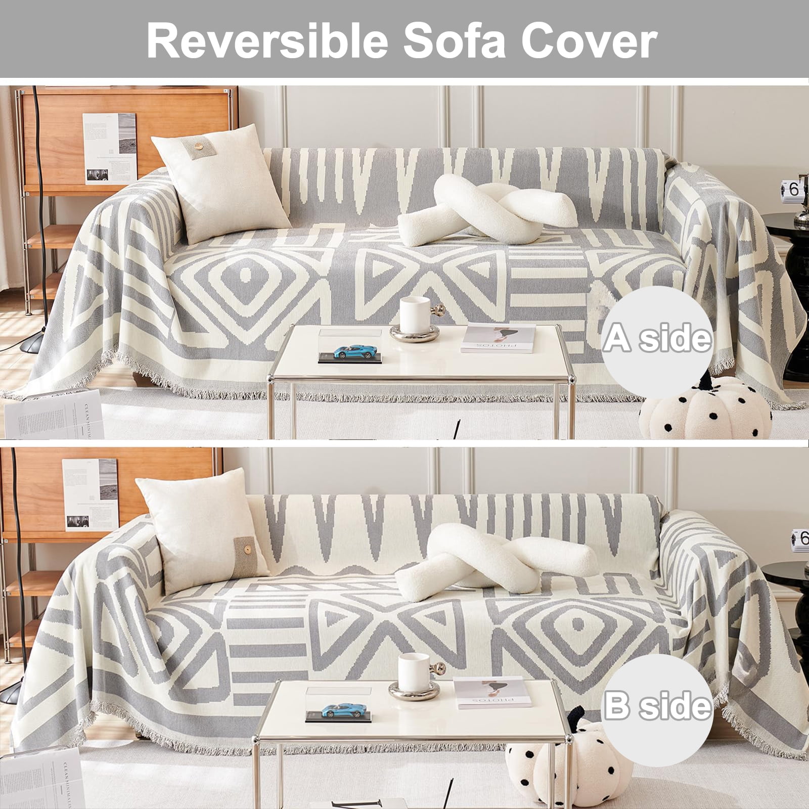 SANMADROLA Boho Sofa Cover Dog Couch Cover for Sectional Sofa Set Reversible Couch Protector for 3 Cushion Couch L Shape Sofa Covers Chenille Throw Couch CoverDog Cat Kids Sofa Cover -71" X 134"