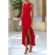 thumbnail image 4 of Vestido largo PRETTYGARDEN para mujer 2025, sin mangas, con volantes, rojo, 4 of 9