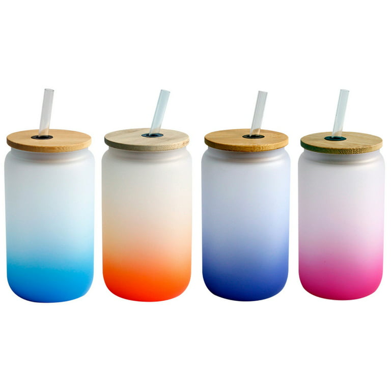 Glass Cups - 12oz Frosted Glass Cups with Bamboo Lids and Straws