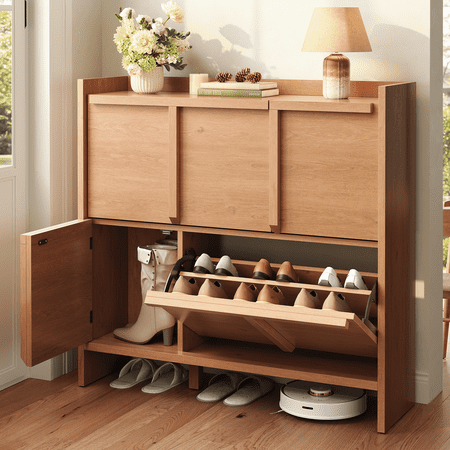 SIKAIC Shoe Cabinet with Drawers and Cabinets,18-24 Pairs,Wooden Narrow Shoe Rack with Adjustment Shelves for Entryway Hallway Foyer,Brown