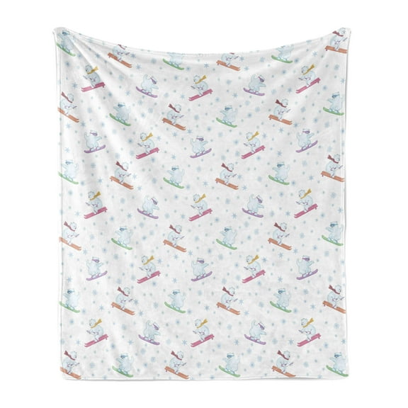 Bear Soft Flannel Fleece Blanket, Funny Polar Teddy Bears on Snowboards Skiing with Scarf and Glasses Ornate Snowflakes, Cozy Plush for Indoor and Outdoor Use, 70" x 90", Multicolor, by Ambesonne