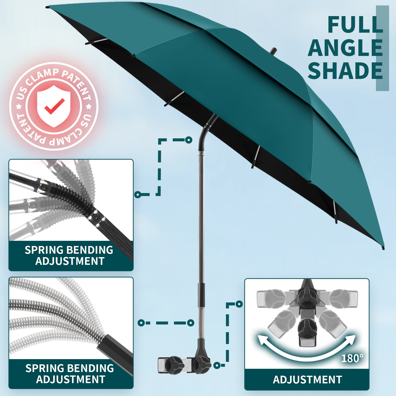 2 Pack 48.6" Double Canopy Umbrella with Clamp, UPF50+ Beach Chair Umbrella with clip, 360°Adjustable Portable Outdoor Wheelchair, Patio, Golf Carts,Camping(Hunter Green, Not Include Chair)