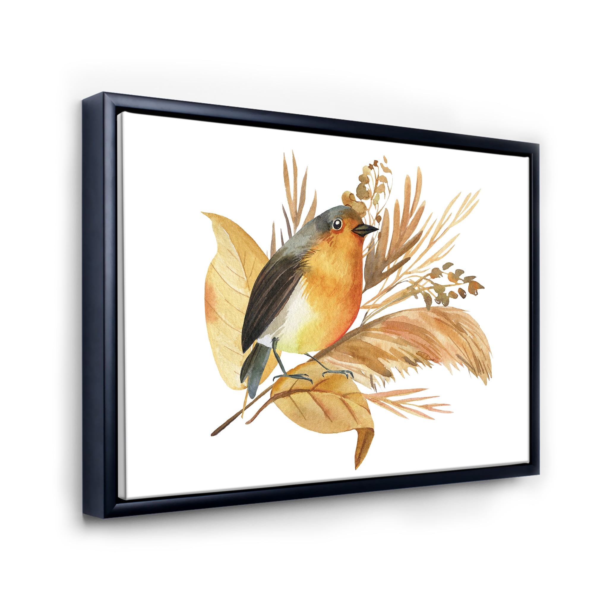 Designart 'Autumn Flowers and Robin Bird' Traditional Framed Canvas Wall Art Print