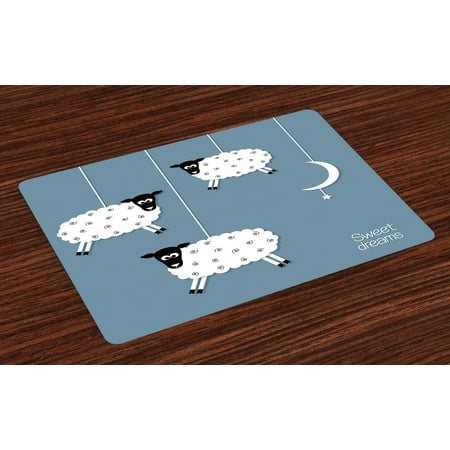 Black Slate Placemats Sweet Dreams Placemats Set of 4 Hanging Sheep Star and Crescent Moon Sleeping Themed Illustration, Washable Fabric Place Mats for Dining Room Kitchen Table Decor,Slate Blue Black White, by Ambesonne ()