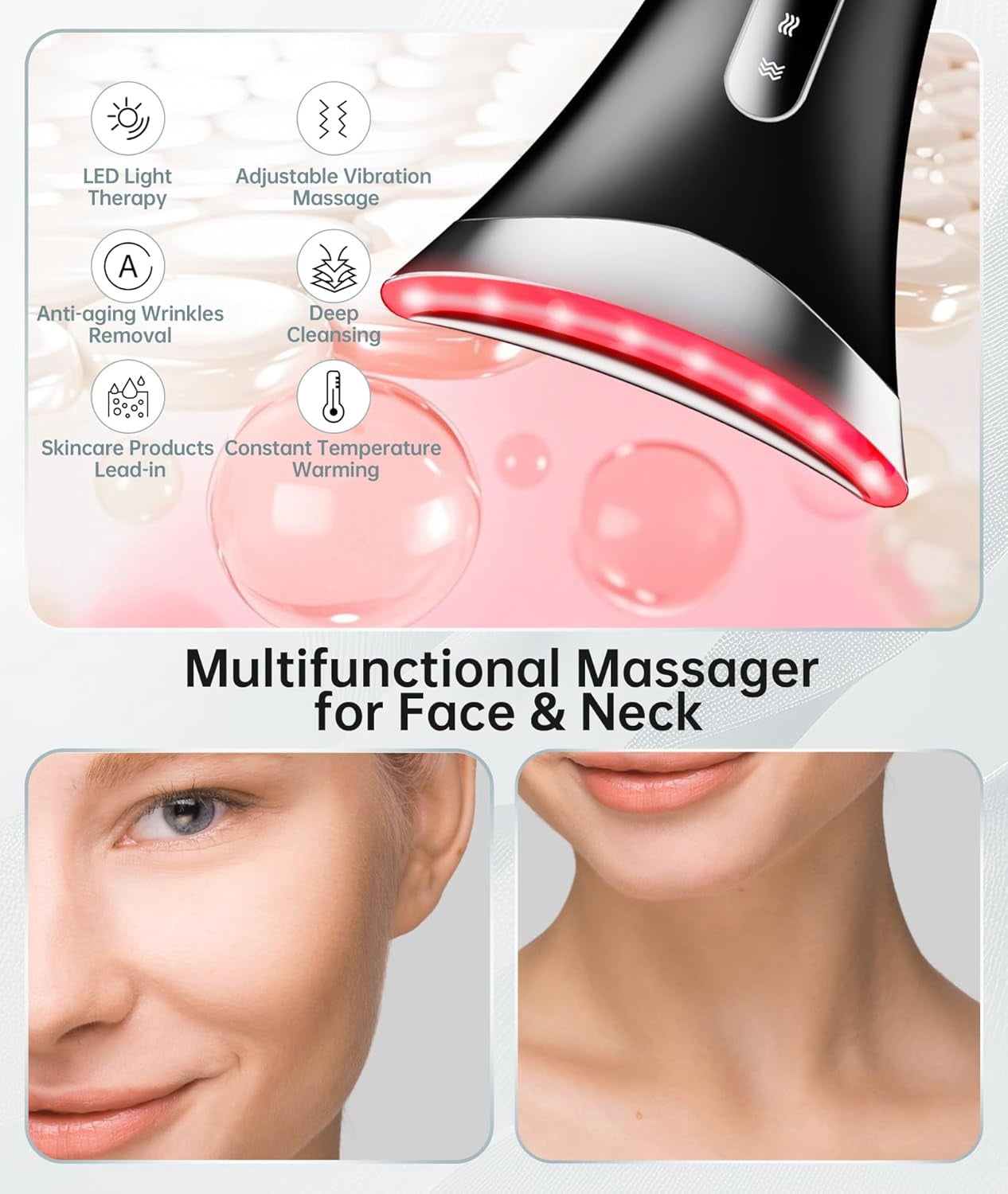 Red Light Therapy Facial Massager, 7 Color Adjustable Vibration and Heat for Wrinkles and Double Chin, Portable Skin Care Tool with Charging Base
