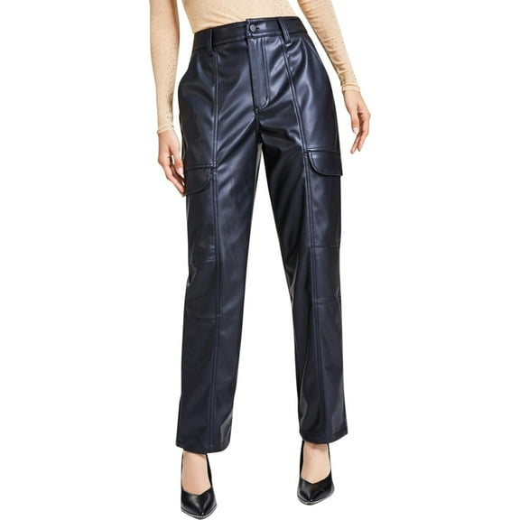 Bar III Womens Petites High-Rise Faux Leather Cargo Pants