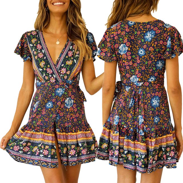 Coofit Robe pour Femme à Col en V à Manches Courtes Robe de Plage Robe Ample Robe Courte pour l'Été