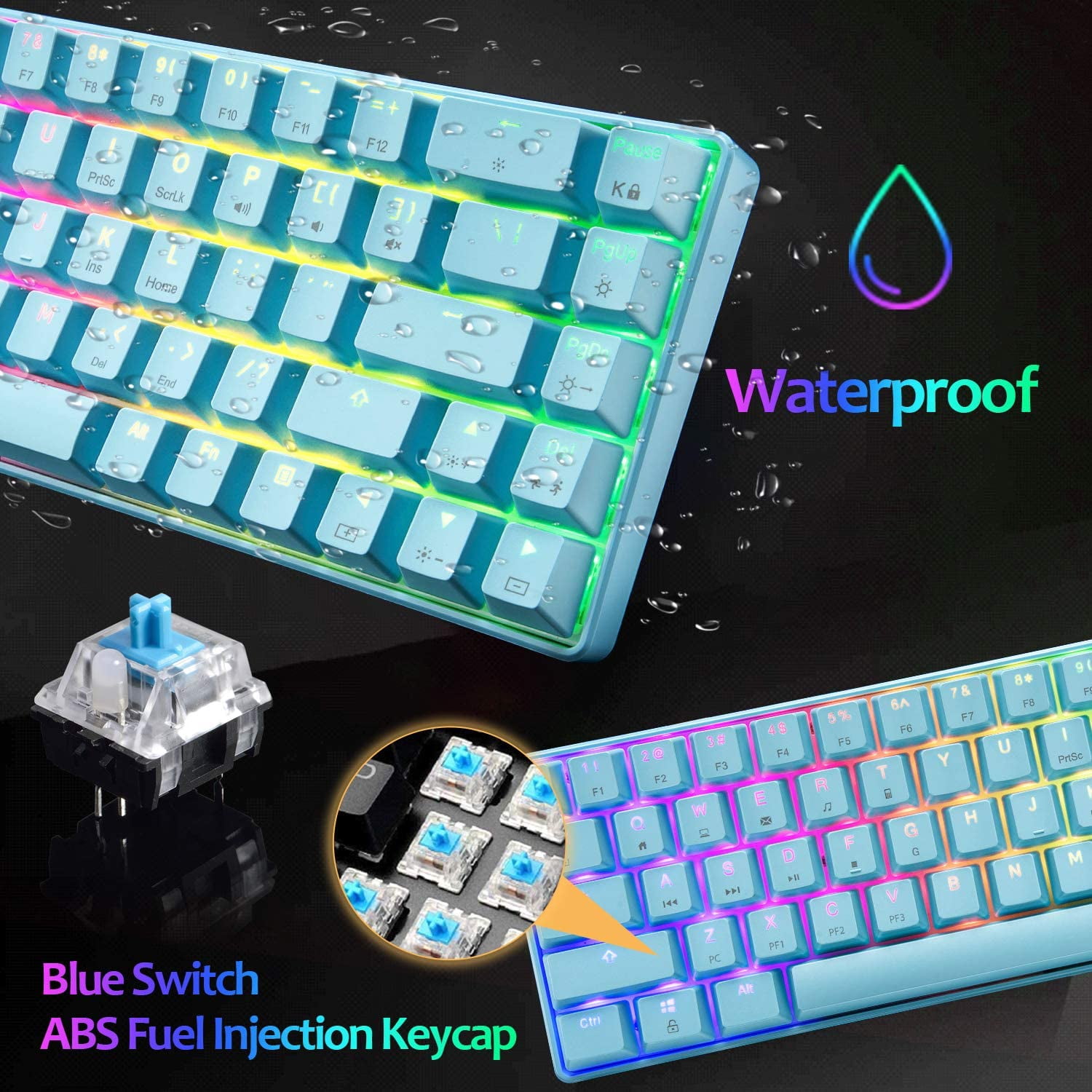 60% Mechanical Gaming Keyboard Blue Switch Mini 68 Keys Wired Type C Chroma RGB 18 Backlit Effects,Lightweight Gaming Mosue 6400DPI Honeycomb Optical,Gaming Mouse Pad for Gamers and Typists(Blue)