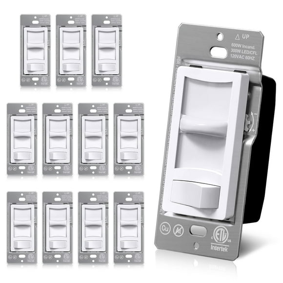 BESTTEN 12 Pack Super Slim Quiet Dimmer Switch for LED, CFL, Halogen and Incandescent Bulbs, Single Pole or 3-Way Slide Dimmable Light Switch, ETL Listed, White
