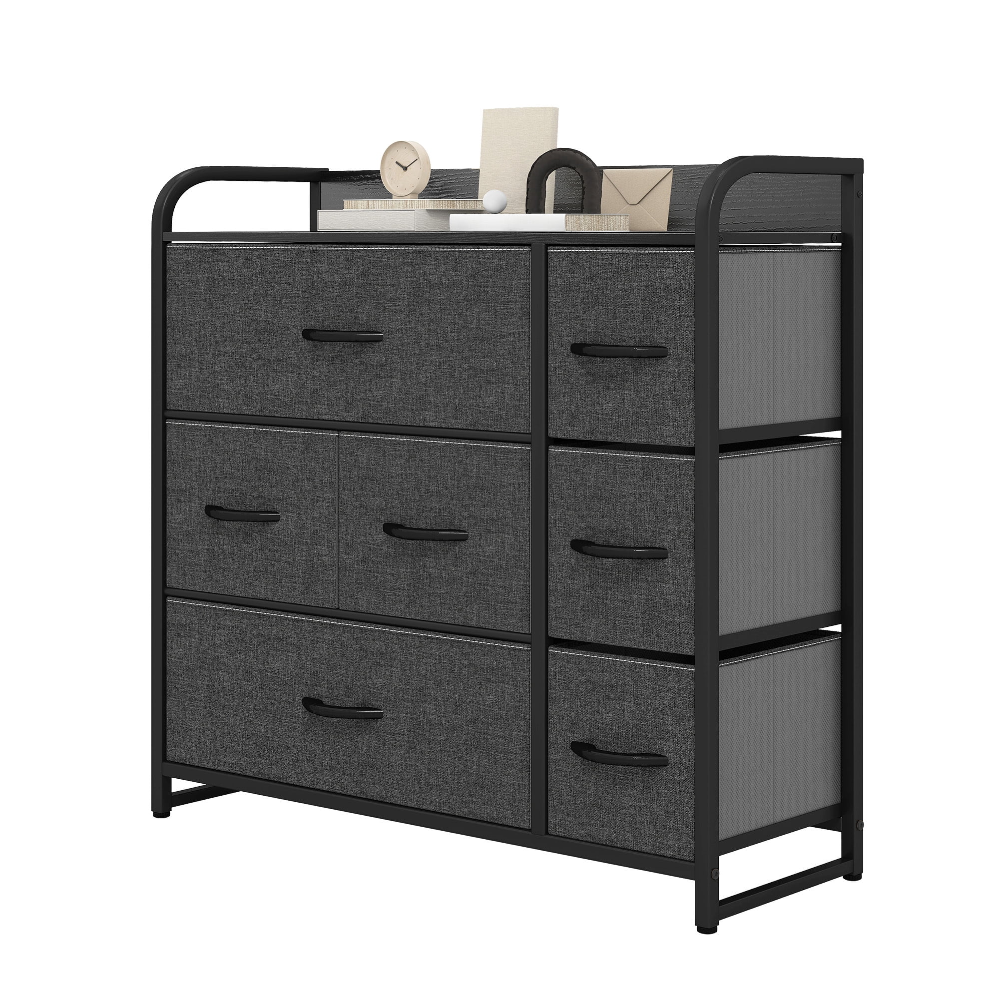 Uforic 7 Drawer Storage Fabric Dresser with Sturdy Steel Frame and Wooden Top, Foldable Easy Pull Fabric Bins, for Living Room, Bedroom, Closet, Entryway, Black