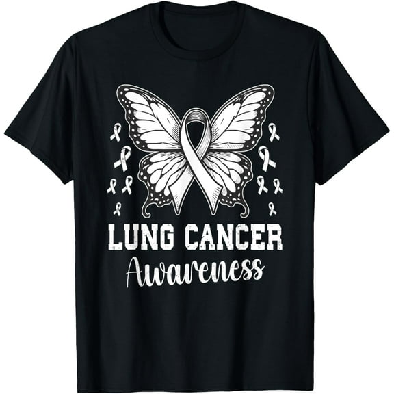 Butterfly Lung Cancer Awareness Month Support White Ribbon T-Shirt men and women can wear, black, white, gifts
