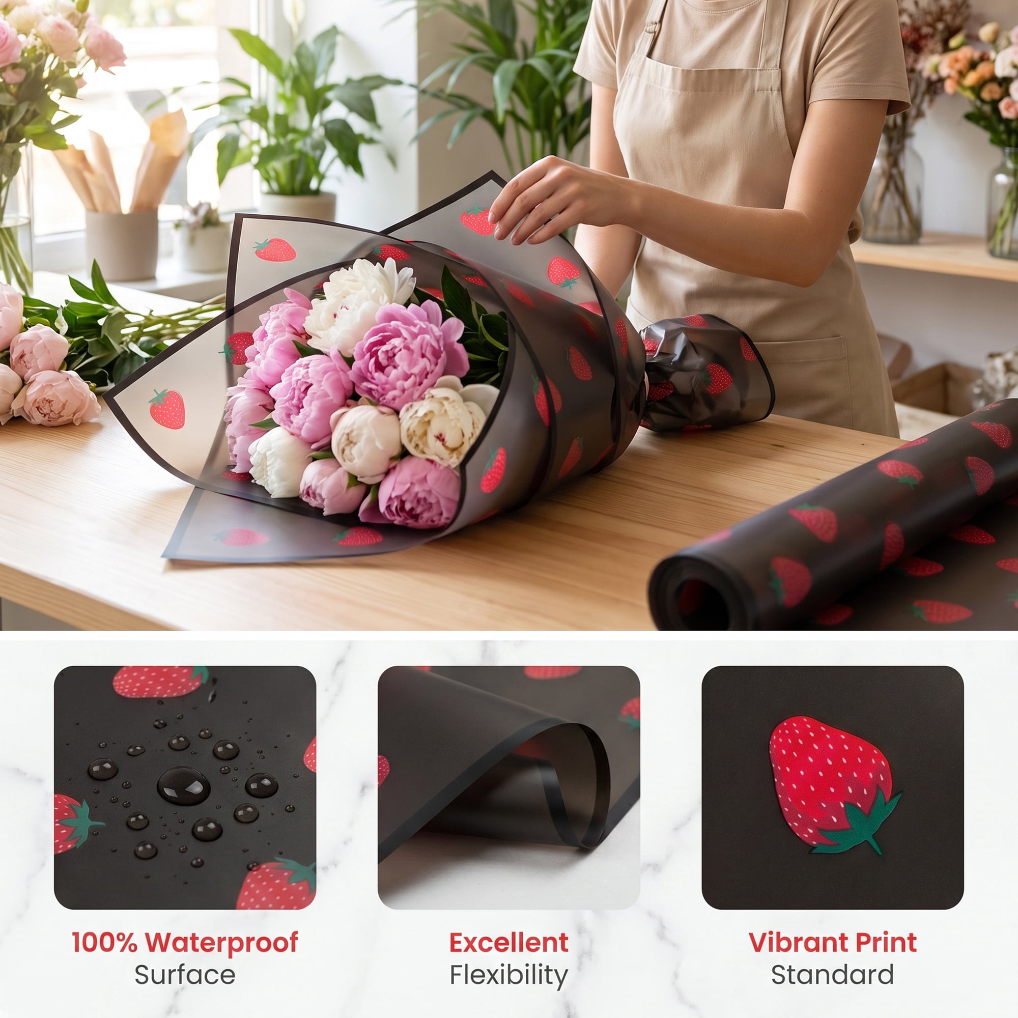Unique Bargains Strawberry Gift Wrapping Paper Sheets for Floral Gifts Black 22.4"x 22.4"