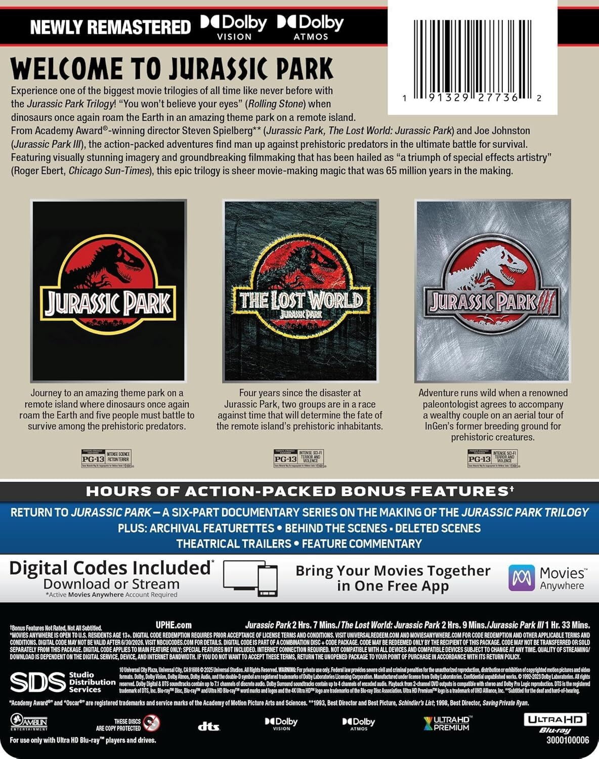 Jurassic Park Trilogy (Jurassic Park / The Lost World: Jurassic Park / Jurassic Park III) (Limited Edition Steelbook) (4K Ultra HD + Digital Copy)