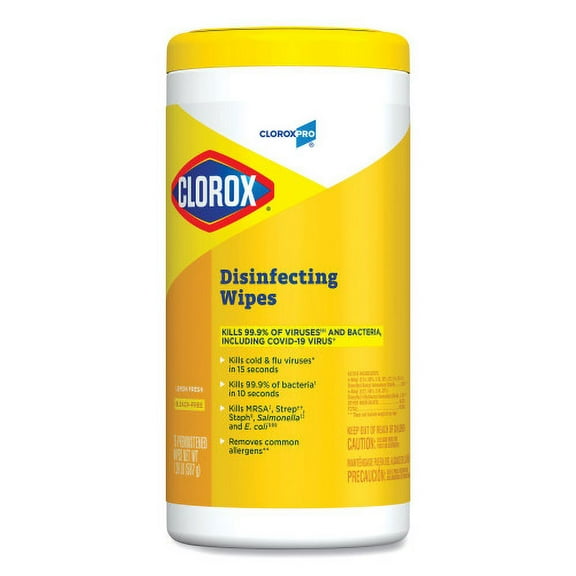 Clorox Disinfecting Wipes, 1-Ply, 7 x 8, Lemon Fresh, White, 75/Canister, Each