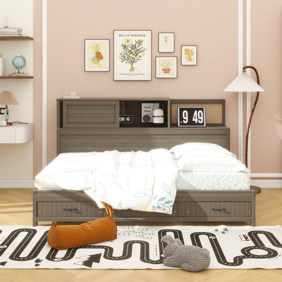 Full Size Wooden Daybed with 3 Storage Drawers, Upper Soft Board, shelf, and a set of Sockets and USB Ports, Gray