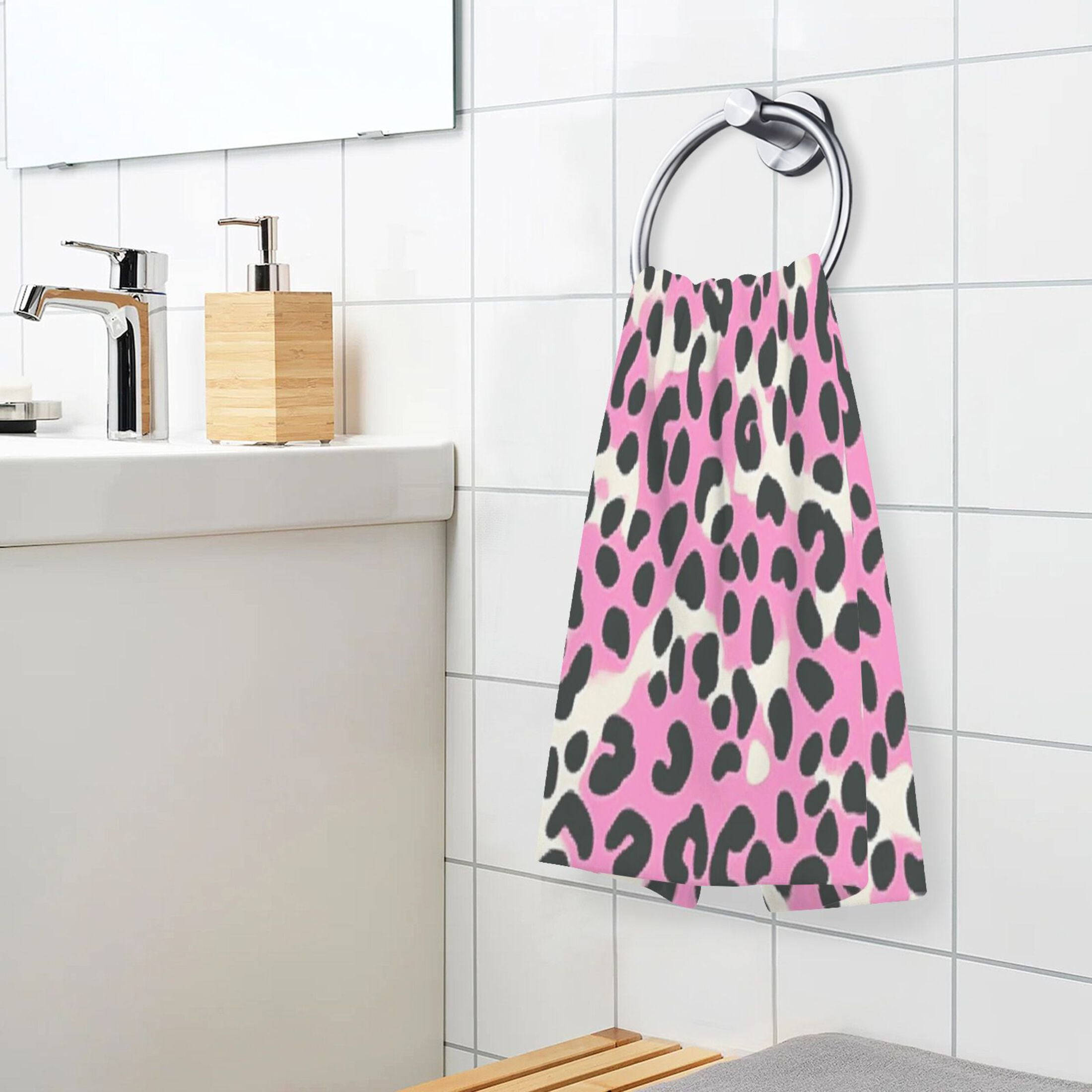 2 Pcs Absorbent Face Towel Bath Hand Towels Soft Breathable Cotton Towel Set for Bathroom Kitchen Hotel Spa Decor Pink and Black Leopard