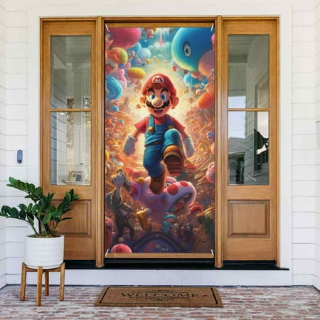 Super Mario World Door Cover Decorated Banner Tapestry Home Decoration Holiday Party Supplies Door Banner Porch Sign Banner 72.8 x 35.4 Inch