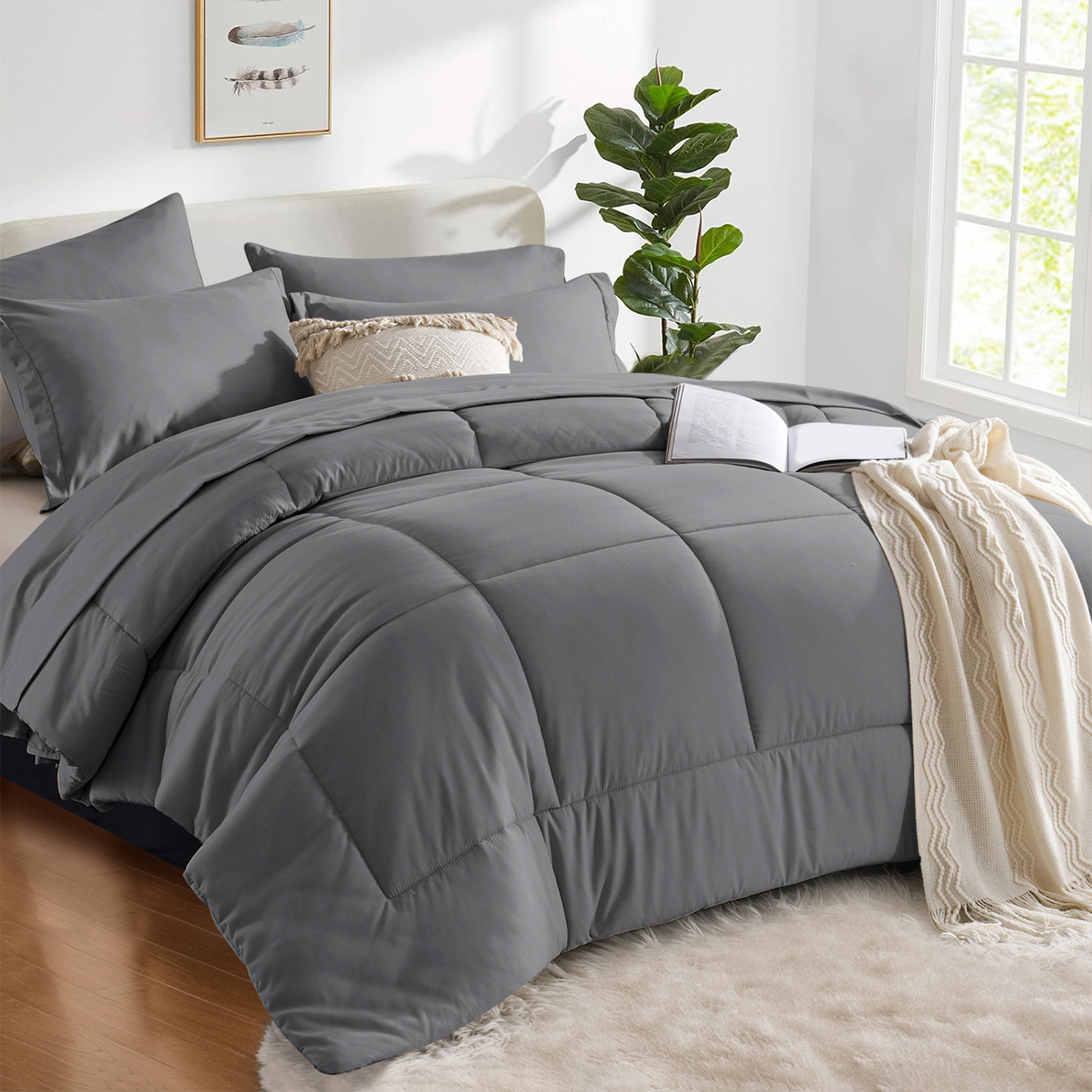 Flymme Full Bed Sets 7 Pieces Dark Grey Comforter Sets with Sheets Modern Soft Microfiber Quilted Warm Complete Bedding for Bedroom Decor