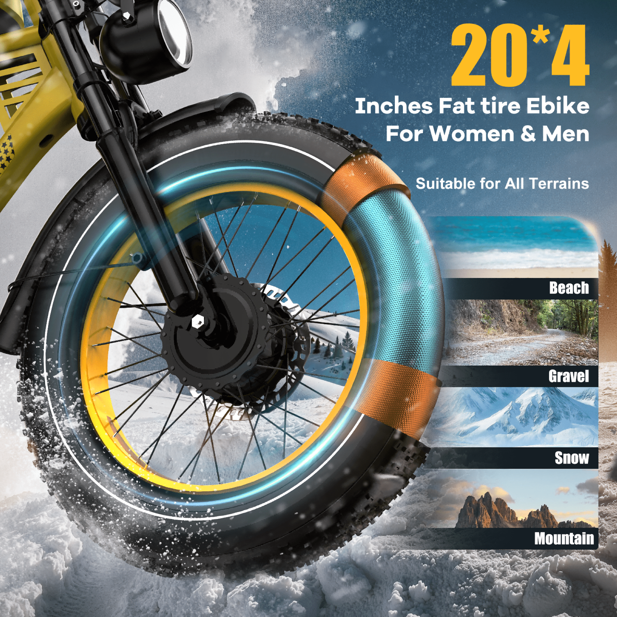 2D Ultra Electric Bike for Adults, 3000W Peak Motor 32MPH Off-Road E Bike, 48V 45Ah Battery, 200-Mile Range, 20" x 4.0 Fat Tires, Shimano 7-Speed, Yellow