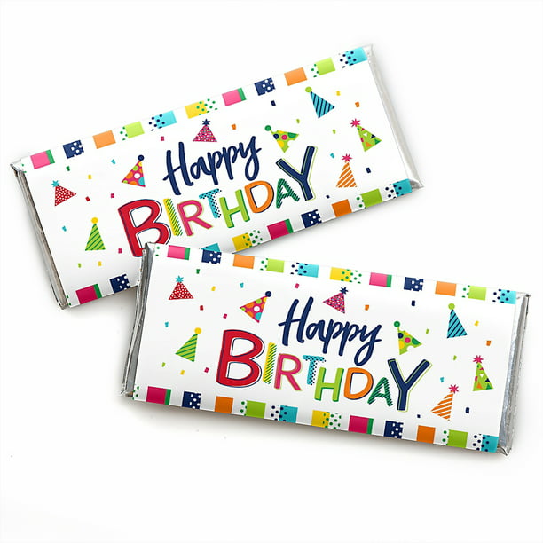 Cheerful Happy Birthday - Candy Bar Wrapper Colorful Birthday Party Favors  - Set of 24