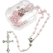 NEEDZO First Communion Rosary with Pink Prayer Beads, Religious Gifts, 17.75 Inch