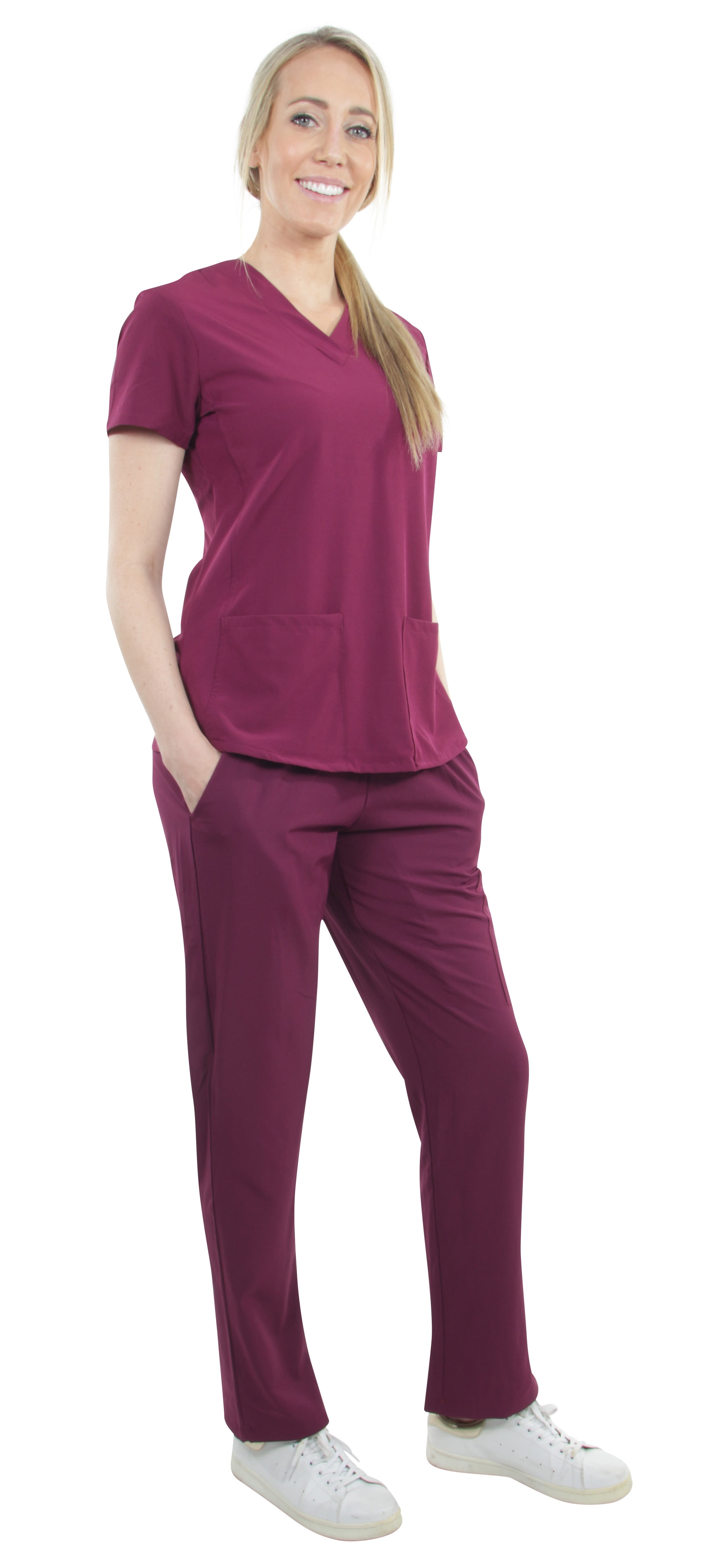 Unisex Stretch Medical Uniform Five Pockets V-Neck Scrubs Sets with Side Panels 
