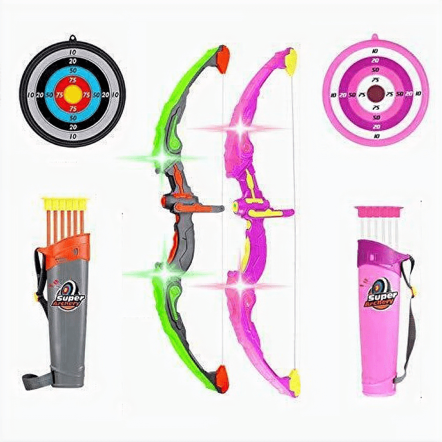 Light Up Bow and Arrow Archery Play Set Twin Pack Combo for Kids | Outdoor Hunting Play with Durable Arrows, Quiver and Target - New version, upgrade to 6 arrows of each